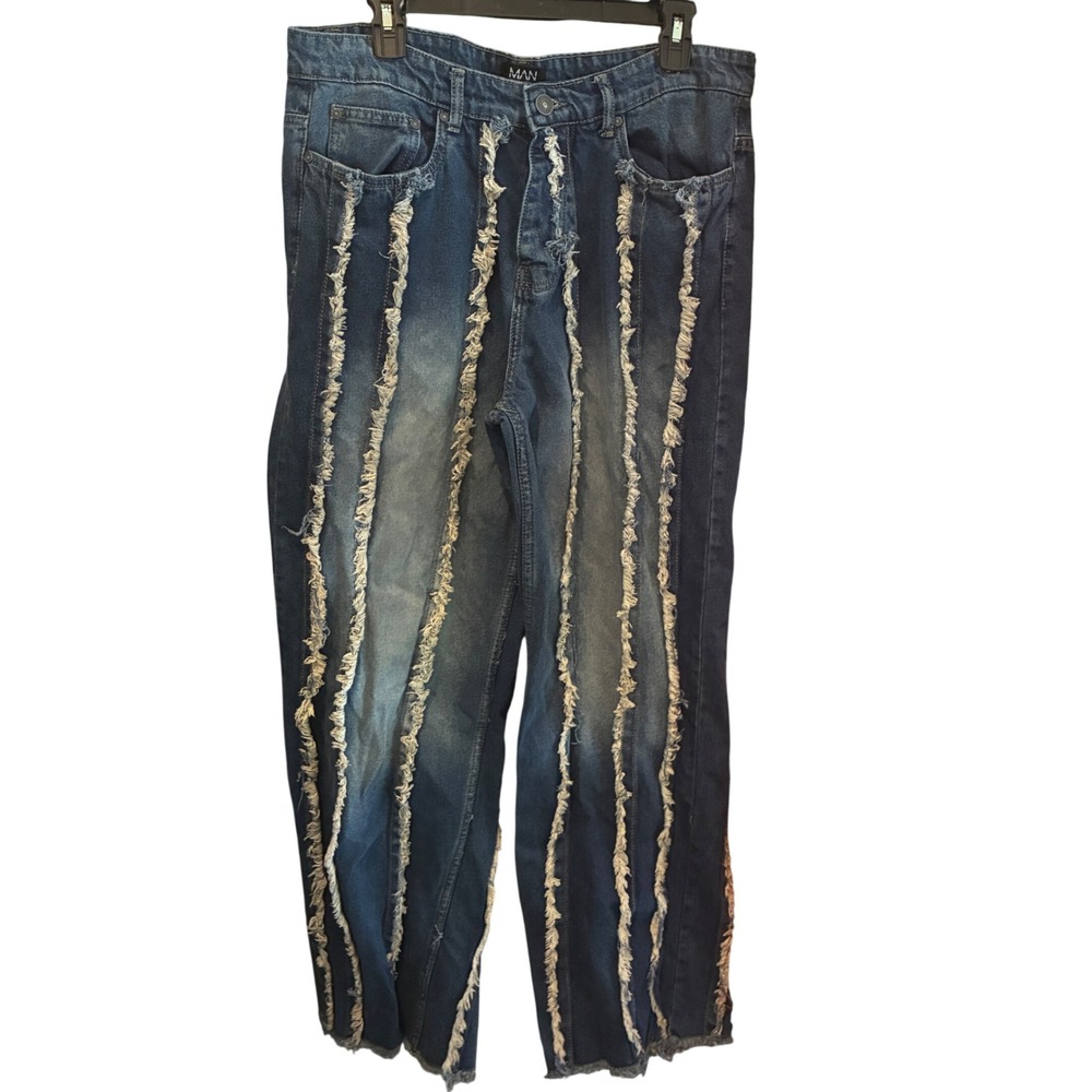 boohooMAN baggy rigid frayed edge jeans Sz 36 Button Fly Grunge Blokecore